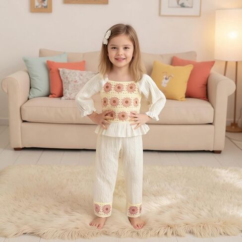 Baby Girl Cotton Linen Clothes Bow Flower Print Ruffle Long Sleeve Smocked Shirt Top Wide Leg Pants 2Pcs Fall Clothes in Saudi Arabia