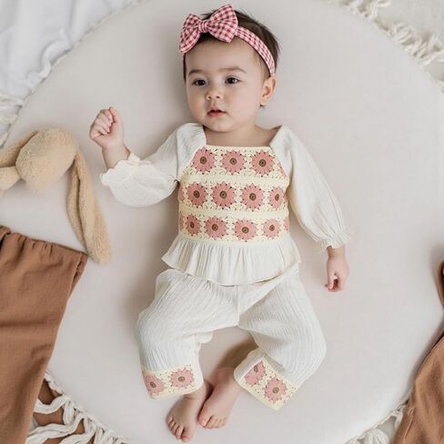 Baby Girl Cotton Linen Clothes Bow Flower Print Ruffle Long Sleeve Smocked Shirt Top Wide Leg Pants 2Pcs Fall Clothes in Saudi Arabia