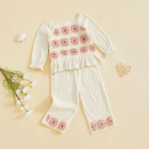 Baby Girl Cotton Linen Clothes Bow Flower Print Ruffle Long Sleeve Smocked Shirt Top Wide Leg Pants 2Pcs Fall Clothes in Saudi Arabia