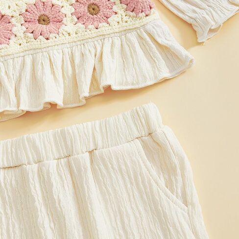 Baby Girl Cotton Linen Clothes Bow Flower Print Ruffle Long Sleeve Smocked Shirt Top Wide Leg Pants 2Pcs Fall Clothes in Saudi Arabia
