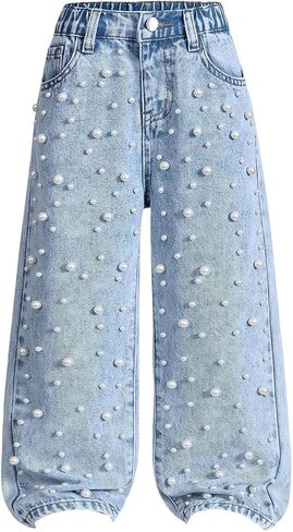Verdusa Girl's Cute Pearl Beaded Denim Pants High Waisted Wide Leg Casual Baggy Jeans in Saudi Arabia