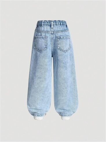 Verdusa Girl's Cute Pearl Beaded Denim Pants High Waisted Wide Leg Casual Baggy Jeans in Saudi Arabia