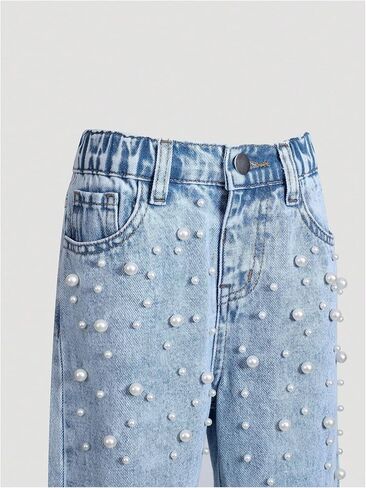 Verdusa Girl's Cute Pearl Beaded Denim Pants High Waisted Wide Leg Casual Baggy Jeans in Saudi Arabia