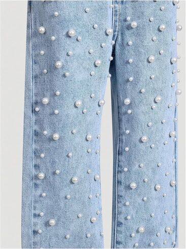 Verdusa Girl's Cute Pearl Beaded Denim Pants High Waisted Wide Leg Casual Baggy Jeans in Saudi Arabia
