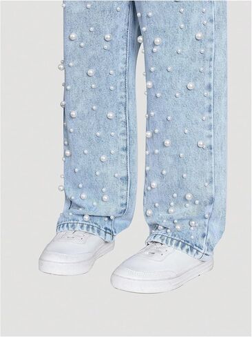 Verdusa Girl's Cute Pearl Beaded Denim Pants High Waisted Wide Leg Casual Baggy Jeans in Saudi Arabia