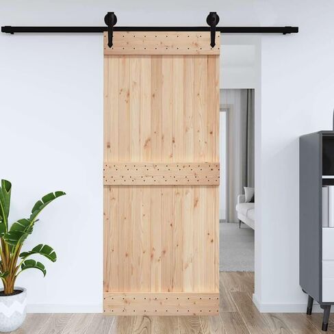 Solid Pine Wood Sliding Barn Door with Natural Finish, Space-Saving Design for Bedroom, Kitchen, Garage, Modern Rustic Interior Door for Wood and Concrete Walls in Saudi Arabia