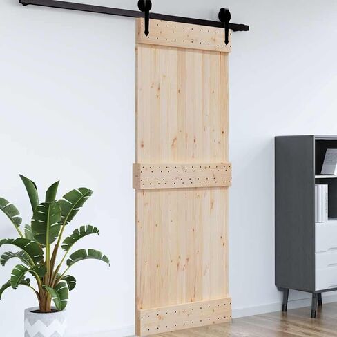 Solid Pine Wood Sliding Barn Door with Natural Finish, Space-Saving Design for Bedroom, Kitchen, Garage, Modern Rustic Interior Door for Wood and Concrete Walls in Saudi Arabia
