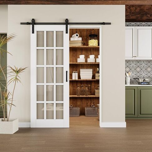 White Primed 15-Lite Clear Glass Sliding Barn Door with Installation Hardware Kit/No Assembly Required,30"x80" in Saudi Arabia