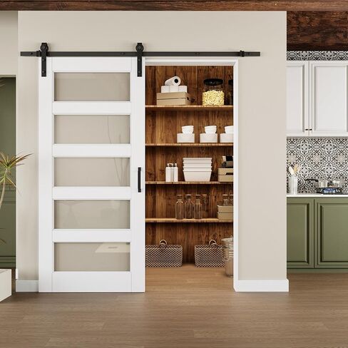 80'' H Glass and Manufactured Wood White Sliding Barn Door with Installation Hardware Kit(No Assembly Required),32"x80" in Saudi Arabia
