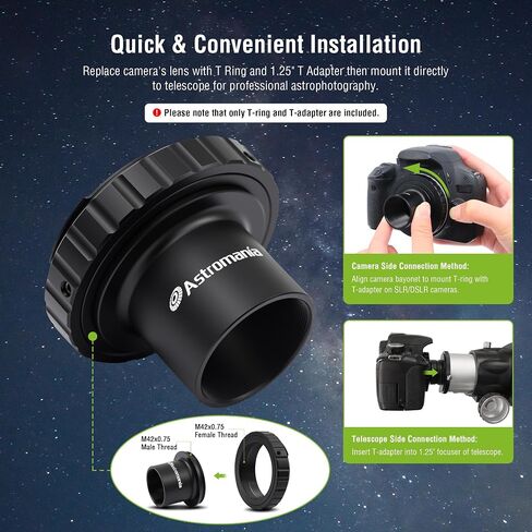 Astromania Telescope Photo Adapter 1.25 Inch Fixed Camera Adapter Metal - Bundle with - T Ring and T Adapter for Nikon-F SLR/DSLR in Saudi Arabia