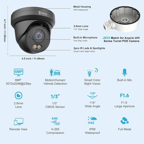 كاميرا Anpviz 6MP PoE IP باللون الأسود، كاميرا IP معدنية كاملة للأمن في الهواء الطلق، رؤية ليلية ذكية مزدوجة الألوان، اكتشاف المركبات البشرية بالذكاء الاصطناعي، ميكروفون مدمج، عدسة 2.8 مم، مقاومة للماء IP66، NDAA in Kuwait