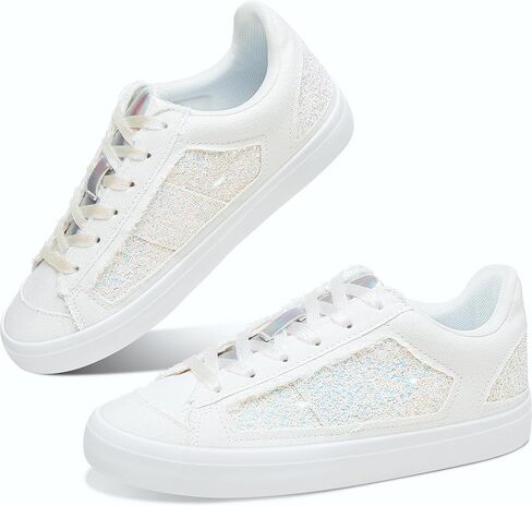 Obtaom Women Glitter Sneakers Sparkly Sequin Canvas Fashion Sneakers Comfortable Lace Up Shiny Bling Shoes for Wedding Party in Kuwait