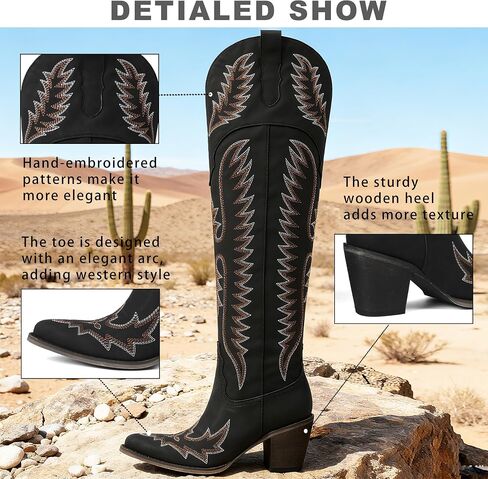 CELNEPHO Cowboy Boots For Women Over The Knee Western Boots With Classic Embroidered Chunky Heel Slip On Zipper Square Toe Fashion Cowgirl Thigh High Boots For Women in Saudi Arabia