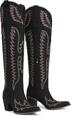 CELNEPHO Cowboy Boots For Women Over The Knee Western Boots With Classic Embroidered Chunky Heel Slip On Zipper Square Toe Fashion Cowgirl Thigh High Boots For Women in Saudi Arabia