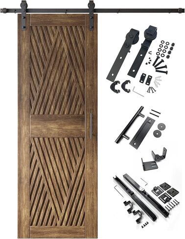 Homacer Dark Walnut 30 in. x 84 in. Diamond Design Barn Door with Non-Bypass Installation Hardware Kit, 5.5ft Track, Interior use only in Saudi Arabia