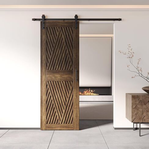 Homacer Dark Walnut 30 in. x 84 in. Diamond Design Barn Door with Non-Bypass Installation Hardware Kit, 5.5ft Track, Interior use only in Saudi Arabia
