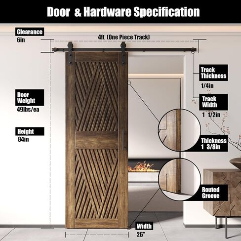 Homacer Dark Walnut 30 in. x 84 in. Diamond Design Barn Door with Non-Bypass Installation Hardware Kit, 5.5ft Track, Interior use only in Saudi Arabia