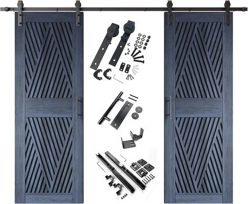 Homacer Navy 32 in. x 84 in. Diamond Design Two Barn Door with Non-Bypass Installation Hardware Kit, 11ft Track, Interior use only in Saudi Arabia