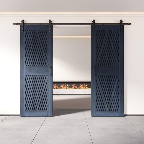 Homacer Navy 32 in. x 84 in. Diamond Design Two Barn Door with Non-Bypass Installation Hardware Kit, 11ft Track, Interior use only in Saudi Arabia