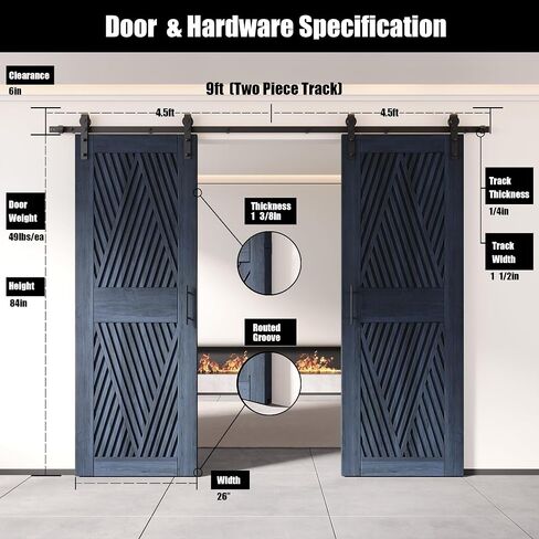 Homacer Navy 32 in. x 84 in. Diamond Design Two Barn Door with Non-Bypass Installation Hardware Kit, 11ft Track, Interior use only in Saudi Arabia