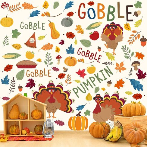 6 Sheet Thanksgiving Day Stickers Colorful Leaf Pumpkin Turkey Gobble Stickers Fall Thanksgiving Wall Decor for Autumn Harvest Party Decoration Home in Kuwait