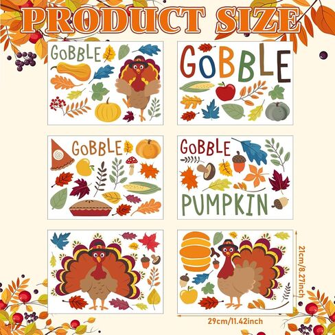 6 Sheet Thanksgiving Day Stickers Colorful Leaf Pumpkin Turkey Gobble Stickers Fall Thanksgiving Wall Decor for Autumn Harvest Party Decoration Home in Kuwait