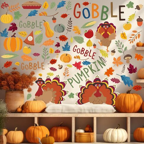6 Sheet Thanksgiving Day Stickers Colorful Leaf Pumpkin Turkey Gobble Stickers Fall Thanksgiving Wall Decor for Autumn Harvest Party Decoration Home in Kuwait