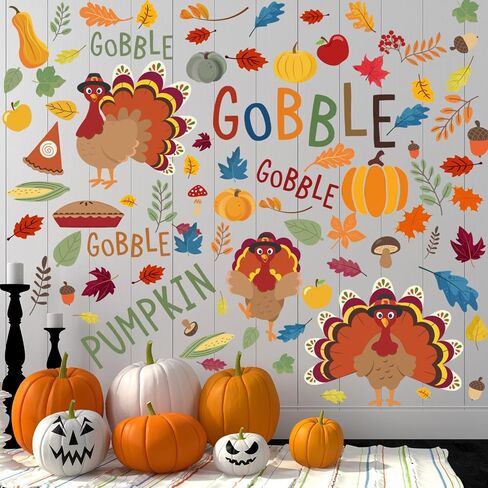 6 Sheet Thanksgiving Day Stickers Colorful Leaf Pumpkin Turkey Gobble Stickers Fall Thanksgiving Wall Decor for Autumn Harvest Party Decoration Home in Kuwait