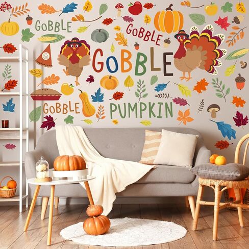 6 Sheet Thanksgiving Day Stickers Colorful Leaf Pumpkin Turkey Gobble Stickers Fall Thanksgiving Wall Decor for Autumn Harvest Party Decoration Home in Kuwait
