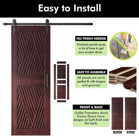 Homacer Red Mahogany 36 in. x 84 in. Diamond Design Barn Door with Non-Bypass Installation Hardware Kit, 6.6ft Track, Interior use only in Saudi Arabia