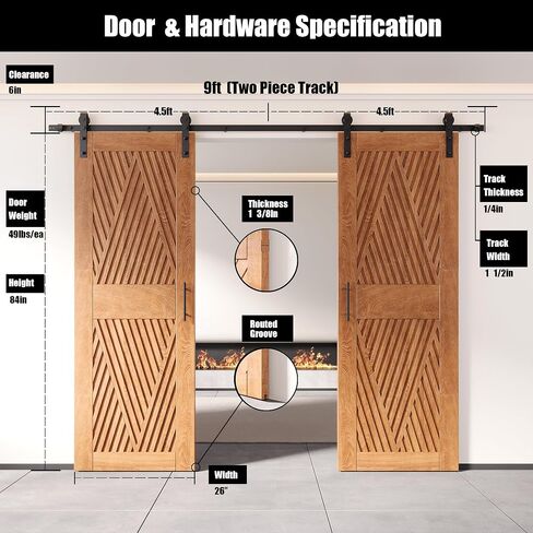 Homacer Early American 40 in. x 84 in. Diamond Design Two Barn Door with Non-Bypass Installation Hardware Kit, 14ft Track, Interior use only in Saudi Arabia