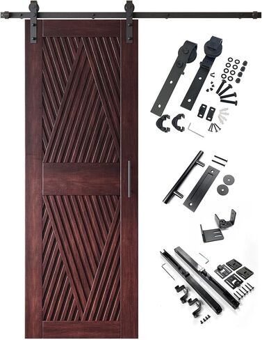 Homacer Red Mahogany 36 in. x 84 in. Diamond Design Barn Door with Non-Bypass Installation Hardware Kit, 6.6ft Track, Interior use only in Saudi Arabia