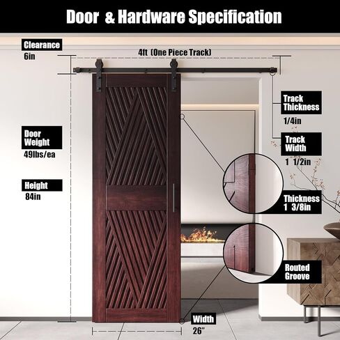 Homacer Red Mahogany 36 in. x 84 in. Diamond Design Barn Door with Non-Bypass Installation Hardware Kit, 6.6ft Track, Interior use only in Saudi Arabia