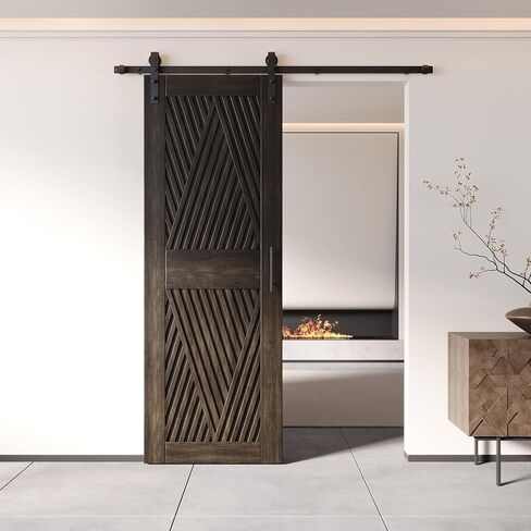 Homacer Ebony 32 in. x 84 in. Diamond Design Barn Door with Non-Bypass Installation Hardware Kit, 5.5ft Track, Interior use only in Saudi Arabia