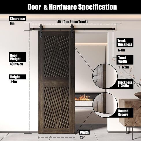 Homacer Ebony 32 in. x 84 in. Diamond Design Barn Door with Non-Bypass Installation Hardware Kit, 5.5ft Track, Interior use only in Saudi Arabia
