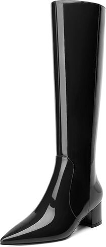 Wide Calf Knee High Boots for Women Chunky Low Heel Patent Side Zipper Pointed Toe Tall Boots Elegant Classic Fashion Long Boots 2 Inch in Saudi Arabia