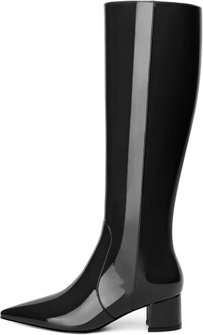 Wide Calf Knee High Boots for Women Chunky Low Heel Patent Side Zipper Pointed Toe Tall Boots Elegant Classic Fashion Long Boots 2 Inch in Saudi Arabia
