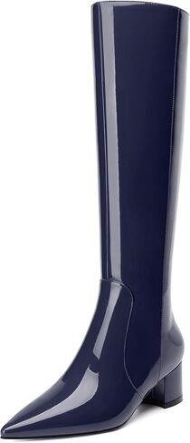 Wide Calf Knee High Boots for Women Chunky Low Heel Patent Side Zipper Pointed Toe Tall Boots Elegant Classic Fashion Long Boots 2 Inch in Saudi Arabia