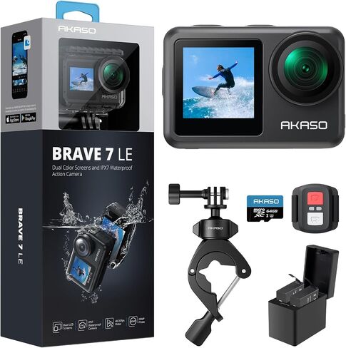 AKASO Brave 7 LE Action Camera with MicroSDXC U3 Card and Handlebar Clamp Mount Accessories Kit Bundle in Saudi Arabia