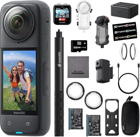 Insta360 X4 - كاميرا أكشن مقاومة للماء 8K 360، فيديو بزاوية واسعة 4K، جهاز تحكم عن بعد GPS، بطارية إضافية، عصا سيلفي قابلة للتمديد، حقيبة غوص، إطار أدوات، واقي عدسة زجاجية، محور شحن، مجموعة أدوات الميكروفون in Saudi Arabia