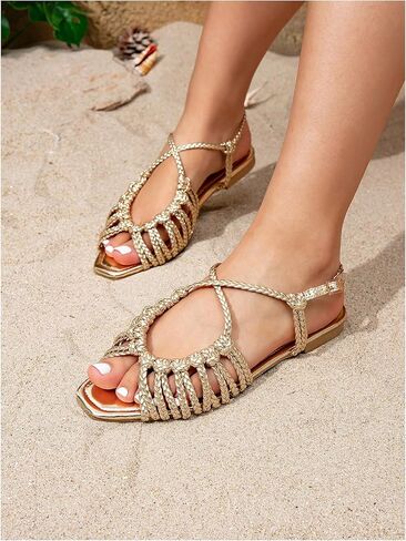 GORGLITTER Women's Lace Up Flat Sandals Square Toe Metallic Braided Ankle Strap Strappy Flat Slides Wedding Sandals in Saudi Arabia
