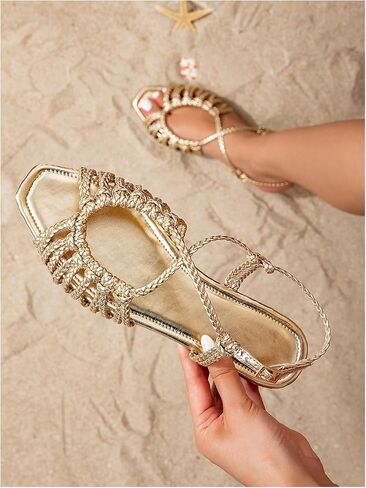 GORGLITTER Women's Lace Up Flat Sandals Square Toe Metallic Braided Ankle Strap Strappy Flat Slides Wedding Sandals in Saudi Arabia