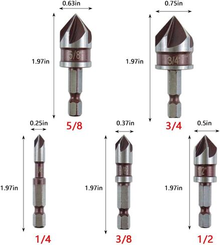 Countersink Drill Bit Set 6PCS Wood Working Tools and Accessories Drill Bit Set High-Speed Steel Countersink with 1/4", 3/8", 1/2", 5/8", and 3/4" Hex Shank Counter Sink Bits for Wood, Metal, Plastic in Saudi Arabia