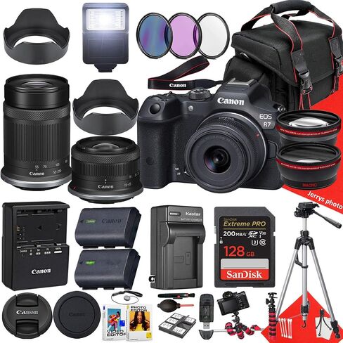 Canon EOS R7 Mirrorless Camera with 18-45mm and 55-210mm Lens + 128 GB Memory + Hood + Extra Battery + Filters + Tripod + More (32pc Bundle), Black (Renewed) in Saudi Arabia