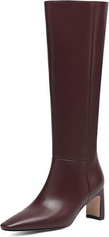Women's Knee High Classic Boots - Almond Toe, Chunky Heel, Side Zipper Dress Boots for Fall & Winter (Burgundy/Black) in Saudi Arabia