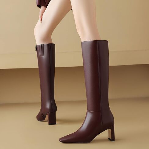 Women's Knee High Classic Boots - Almond Toe, Chunky Heel, Side Zipper Dress Boots for Fall & Winter (Burgundy/Black) in Saudi Arabia
