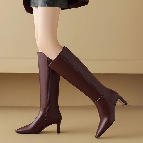 Women's Knee High Classic Boots - Almond Toe, Chunky Heel, Side Zipper Dress Boots for Fall & Winter (Burgundy/Black) in Saudi Arabia
