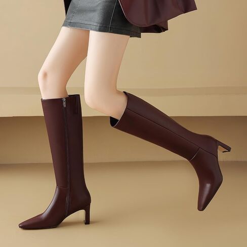 Women's Knee High Classic Boots - Almond Toe, Chunky Heel, Side Zipper Dress Boots for Fall & Winter (Burgundy/Black) in Saudi Arabia
