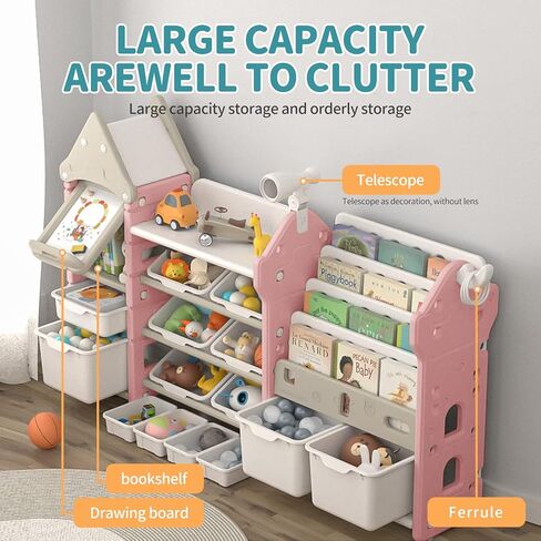 UNICOO® Magic Castle Kids Toy Storage & Bookshelf Organizer with 14 Easy-Pull Bins, Durable HDPE Material, Multifunctional Play Collection with Painting Board & Telescope, Children's Bookcase (Brown) in Kuwait