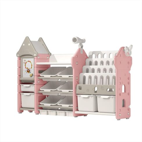 UNICOO® Magic Castle Kids Toy Storage & Bookshelf Organizer with 14 Easy-Pull Bins, Durable HDPE Material, Multifunctional Play Collection with Painting Board & Telescope, Children's Bookcase (Brown) in Kuwait